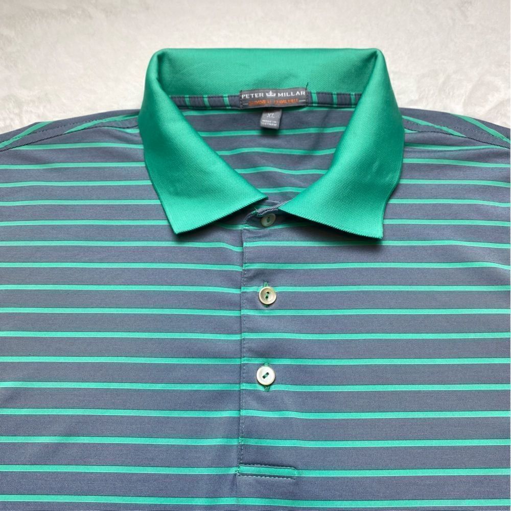 Peter Millar Summer Comfort Green Gray Stripe Short Sleeve Polo Size Large